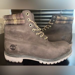 Dark brown Timberland boots with plaid cushion Men’s Size 12